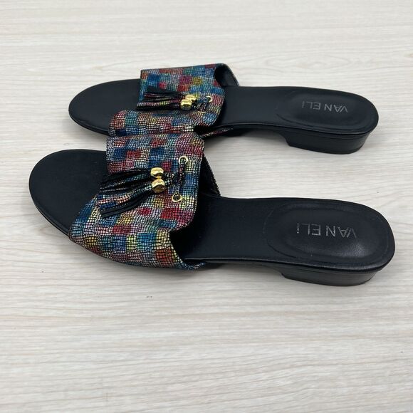 Vaneli Womens Flat Sandals Slip On 9M Rainbow Colorful Tassel Art Deco Mosaic - Picture 10 of 14